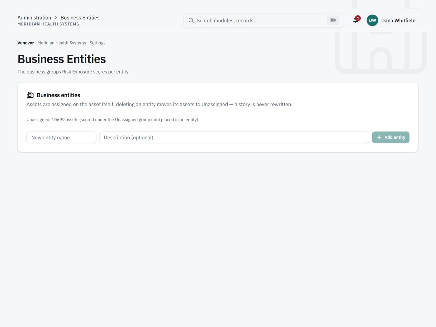 Business entities settings: add entities, and assets roll up per entity.