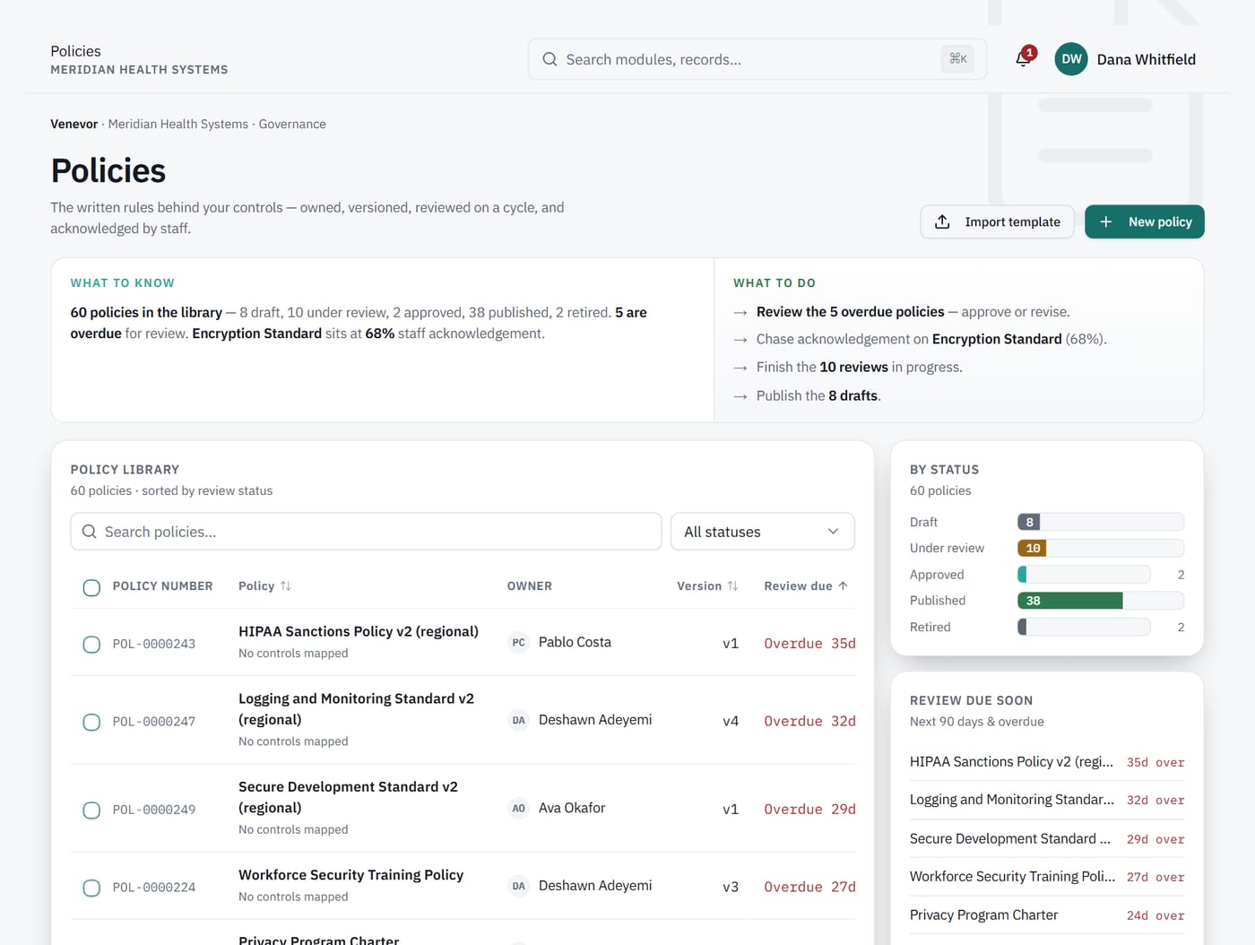 Policies screen: what to know, what to do, and the policy library.